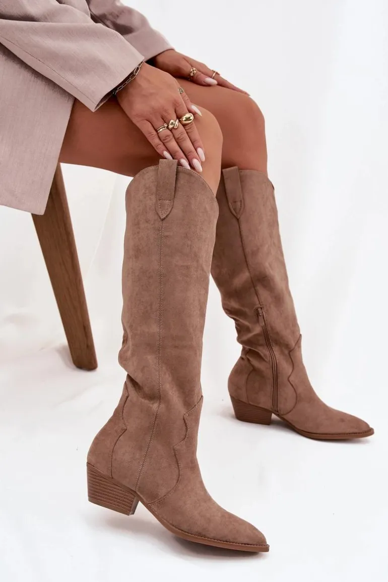 Eko Zamszowe Kozaki Kowbojki Damskie Na Obcasie Beżowe Jenaya