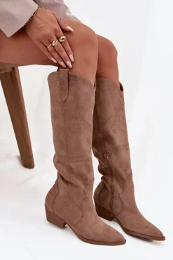 Eko Zamszowe Kozaki Kowbojki Damskie Na Obcasie Beżowe Jenaya