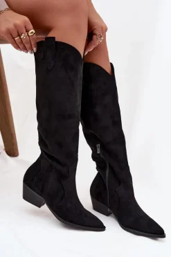 Eko Zamszowe Kozaki Kowbojki Damskie Na Obcasie Czarne Jenaya