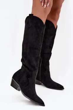 Eko Zamszowe Kozaki Kowbojki Damskie Na Obcasie Czarne Jenaya