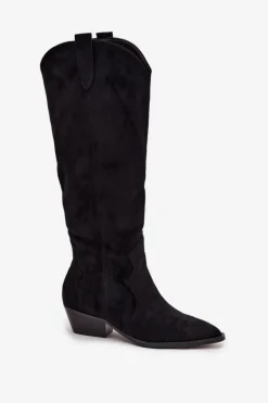 Eko Zamszowe Kozaki Kowbojki Damskie Na Obcasie Czarne Jenaya