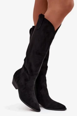 Eko Zamszowe Kozaki Kowbojki Damskie Na Obcasie Czarne Jenaya