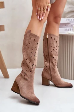 Eko Zamszowe Kozaki Na Słupku Z Ażurowym Wzorem Vinceza 58344 Ciemnobeżowe