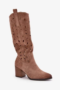 Eko Zamszowe Kozaki Na Słupku Z Ażurowym Wzorem Vinceza 58344 Ciemnobeżowe