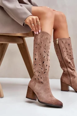 Eko Zamszowe Kozaki Na Słupku Z Ażurowym Wzorem Vinceza 58344 Ciemnobeżowe