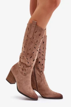 Eko Zamszowe Kozaki Na Słupku Z Ażurowym Wzorem Vinceza 58344 Ciemnobeżowe