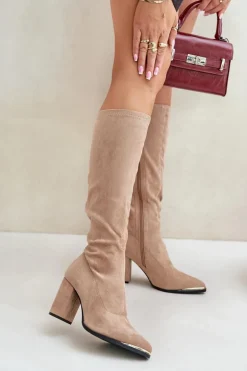 Eko Zamszowe Kozaki Na Słupkowym Obcasie Beżowe Batirae