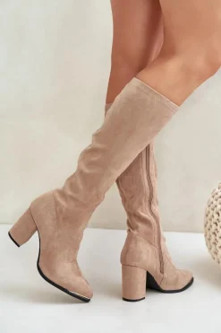 Eko Zamszowe Kozaki Na Słupkowym Obcasie Beżowe Batirae