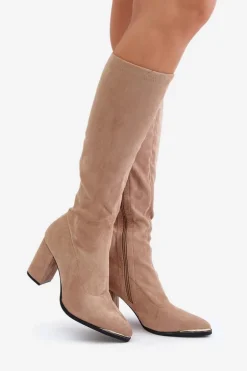 Eko Zamszowe Kozaki Na Słupkowym Obcasie Beżowe Batirae