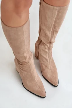 Eko Zamszowe Kozaki Na Słupkowym Obcasie Beżowe Batirae