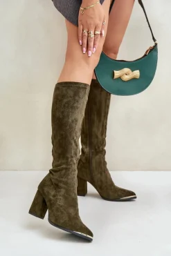 Eko Zamszowe Kozaki Na Słupkowym Obcasie Ciemnozielone Batirae