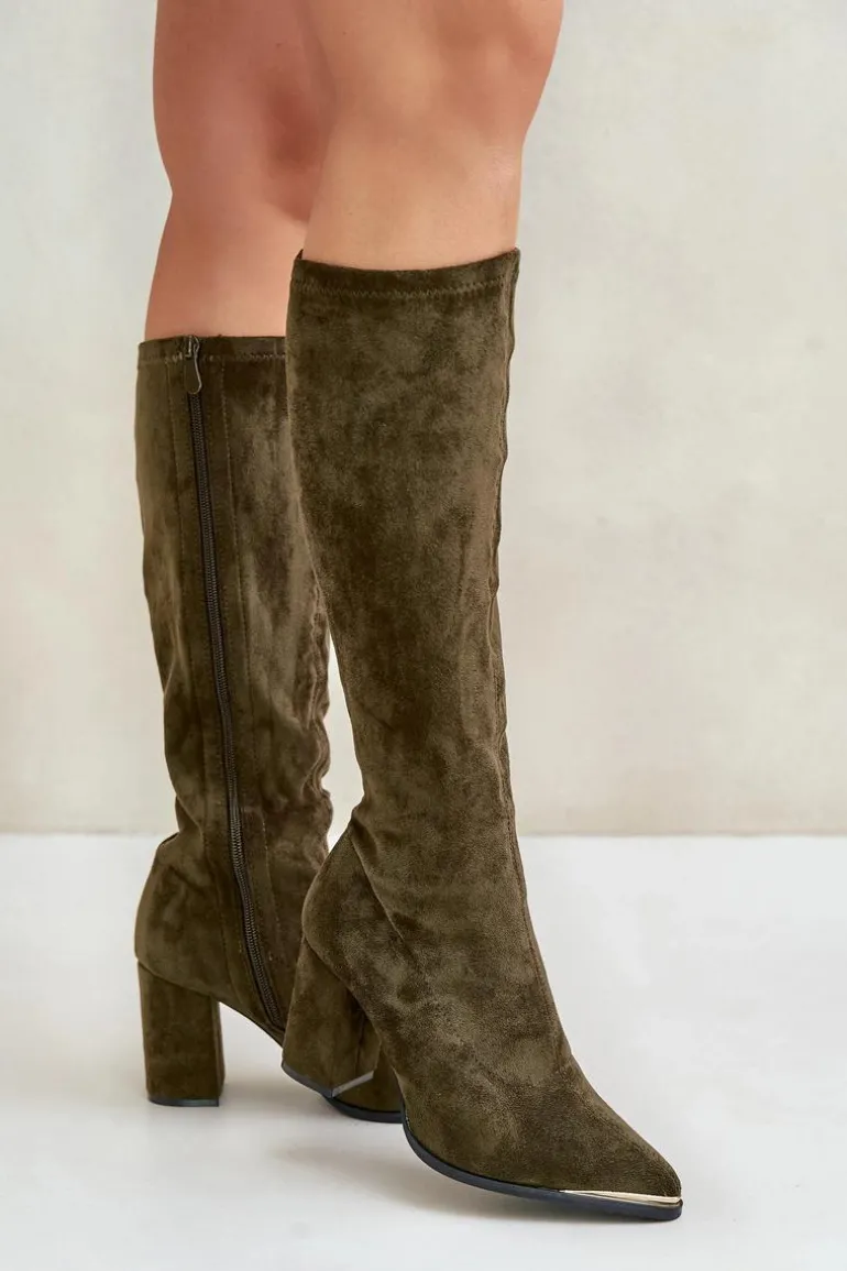 Eko Zamszowe Kozaki Na Słupkowym Obcasie Ciemnozielone Batirae