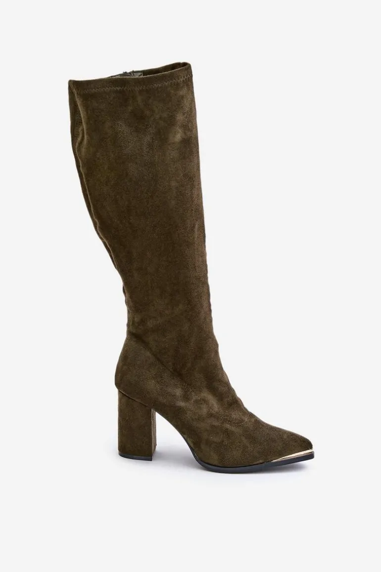 Eko Zamszowe Kozaki Na Słupkowym Obcasie Ciemnozielone Batirae