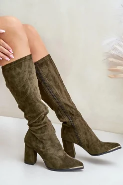 Eko Zamszowe Kozaki Na Słupkowym Obcasie Ciemnozielone Batirae