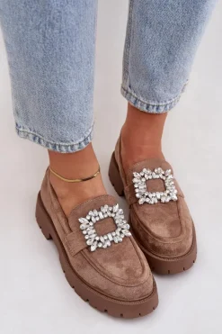 Eko Zamszowe Mokasyny Damskie Z Ozdobną Broszką Ciemnobeżowe Valiana