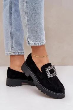 Eko Zamszowe Mokasyny Damskie Z Ozdobną Broszką Czarne Valiana