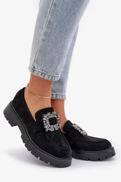 Eko Zamszowe Mokasyny Damskie Z Ozdobną Broszką Czarne Valiana