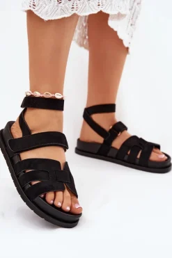 Eko Zamszowe Sandały Damskie Z Rzepami Czarne Valpera