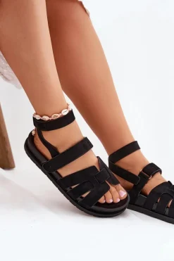 Eko Zamszowe Sandały Damskie Z Rzepami Czarne Valpera