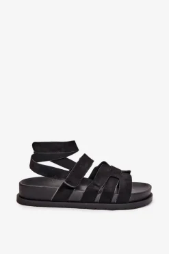 Eko Zamszowe Sandały Damskie Z Rzepami Czarne Valpera