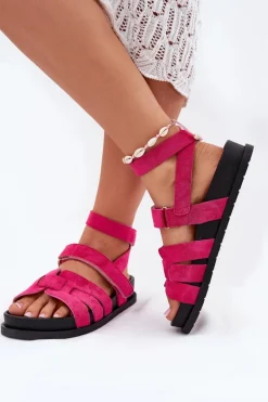 Eko Zamszowe Sandały Damskie Z Rzepami Fuksja Valpera