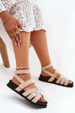 Eko Zamszowe Sandały Damskie Z Rzepami Beżowe Valpera