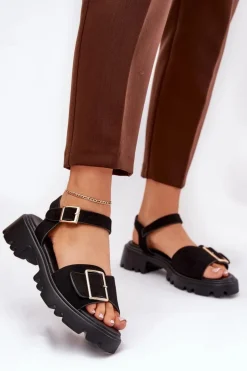 Eko Zamszowe Sandały Damskie Z Klamrą Czarne Gofielle