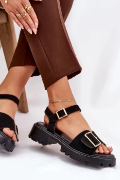 Eko Zamszowe Sandały Damskie Z Klamrą Czarne Gofielle