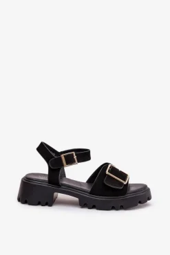 Eko Zamszowe Sandały Damskie Z Klamrą Czarne Gofielle