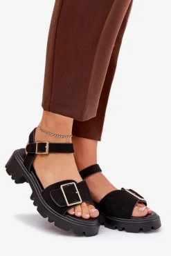 Eko Zamszowe Sandały Damskie Z Klamrą Czarne Gofielle