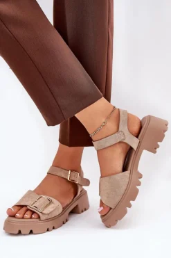 Eko Zamszowe Sandały Damskie Z Klamrą Beżowe Gofielle