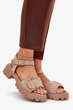 Eko Zamszowe Sandały Damskie Z Klamrą Beżowe Gofielle