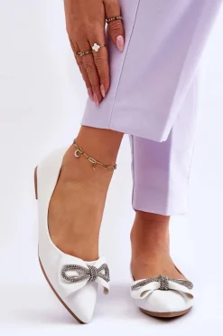 Eleganckie Baleriny Z Kokardą I Dżetami Białe One Time