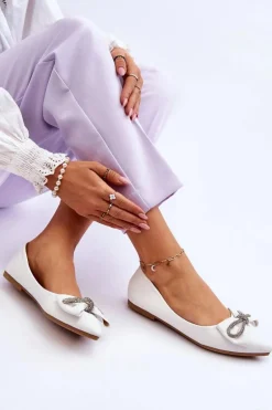 Eleganckie Baleriny Z Kokardą I Dżetami Białe One Time