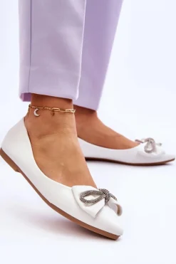 Eleganckie Baleriny Z Kokardą I Dżetami Białe One Time