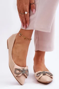 Eleganckie Baleriny Z Kokardą I Dżetami Beżowe One Time