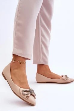 Eleganckie Baleriny Z Kokardą I Dżetami Beżowe One Time