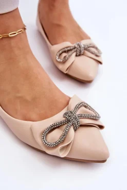Eleganckie Baleriny Z Kokardą I Dżetami Beżowe One Time