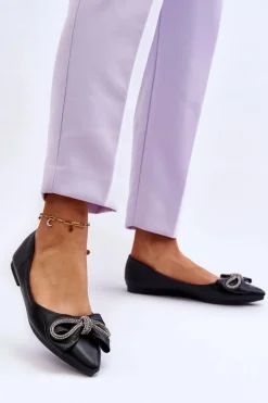 Eleganckie Baleriny Z Kokardą I Dżetami Czarne One Time