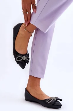 Eleganckie Baleriny Z Kokardą I Dżetami Czarne One Time