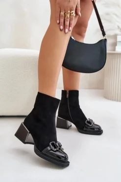 Eleganckie Botki Damskie Na Obcasie Z Ozdobą Czarne MR880-127