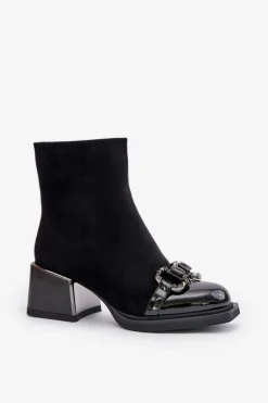 Eleganckie Botki Damskie Na Obcasie Z Ozdobą Czarne MR880-127