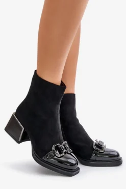 Eleganckie Botki Damskie Na Obcasie Z Ozdobą Czarne MR880-127