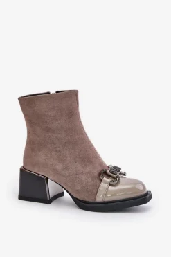 Eleganckie Botki Damskie Na Obcasie Z Ozdobą Szare MR880-127