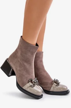 Eleganckie Botki Damskie Na Obcasie Z Ozdobą Szare MR880-127