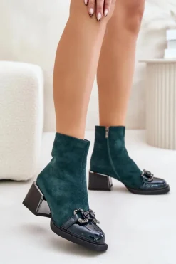 Eleganckie Botki Damskie Na Obcasie Z Ozdobą Ciemnozielone MR880-127