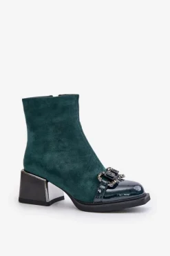 Eleganckie Botki Damskie Na Obcasie Z Ozdobą Ciemnozielone MR880-127