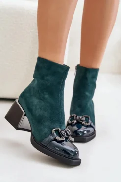Eleganckie Botki Damskie Na Obcasie Z Ozdobą Ciemnozielone MR880-127