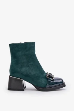 Eleganckie Botki Damskie Na Obcasie Z Ozdobą Ciemnozielone MR880-127