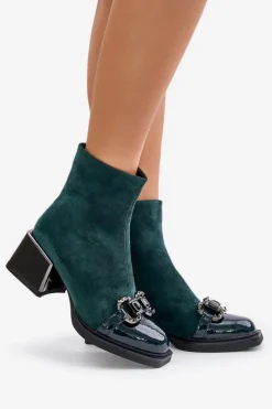 Eleganckie Botki Damskie Na Obcasie Z Ozdobą Ciemnozielone MR880-127